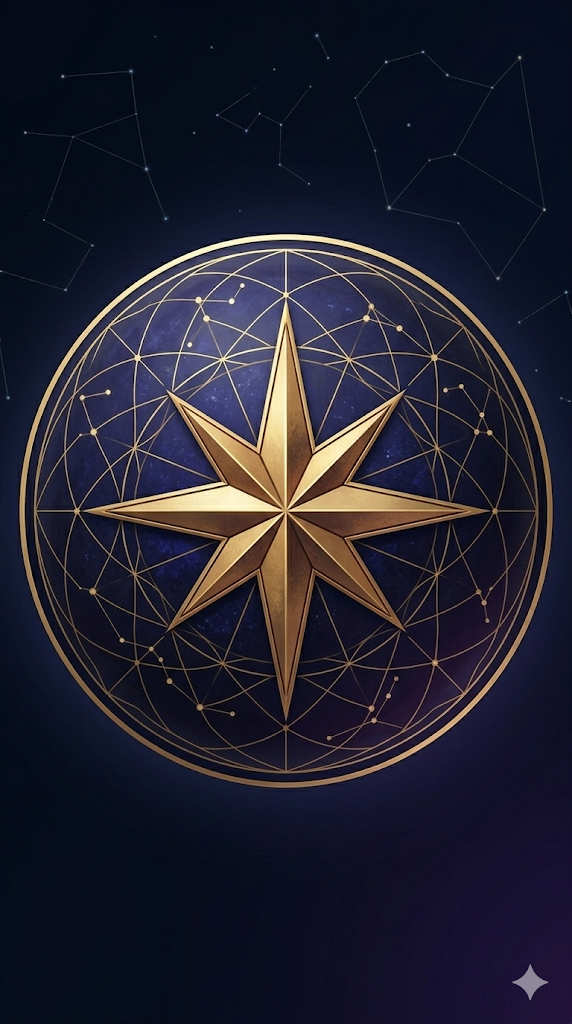 Bussola dorata tra le costellazioni, simbolo AstroMetrics